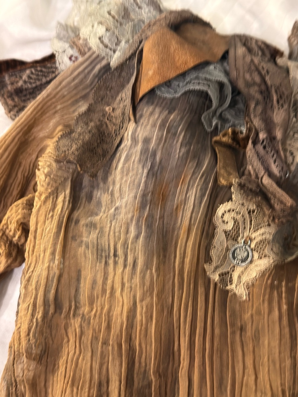 Insane Brown Scoop Neck Top with Lace Sleeves and Ruffles and Feather Accents - Picture 12 of 13